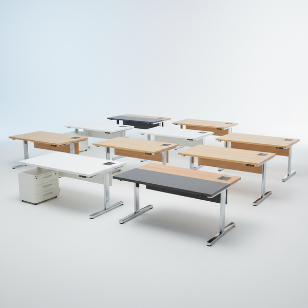 Gebrauchte Schreibtische Schweiz – Sit-Stand Desks in Nussbaum, Anthrazit, Ahorn und Grau
