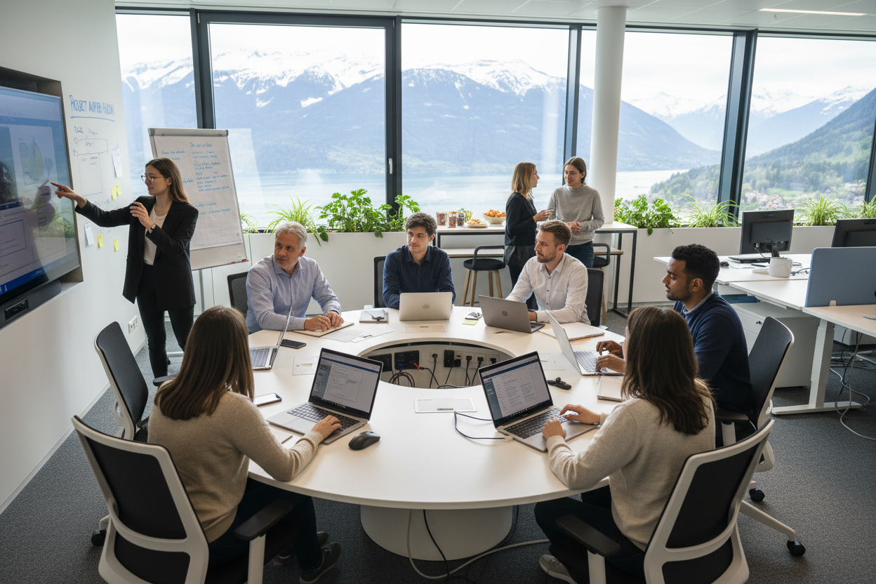 Diverse Team mit Praktikanten arbeitet gemeinsam an realem Projekt - echte Chancen statt leerer Versprechen MC Office Shop