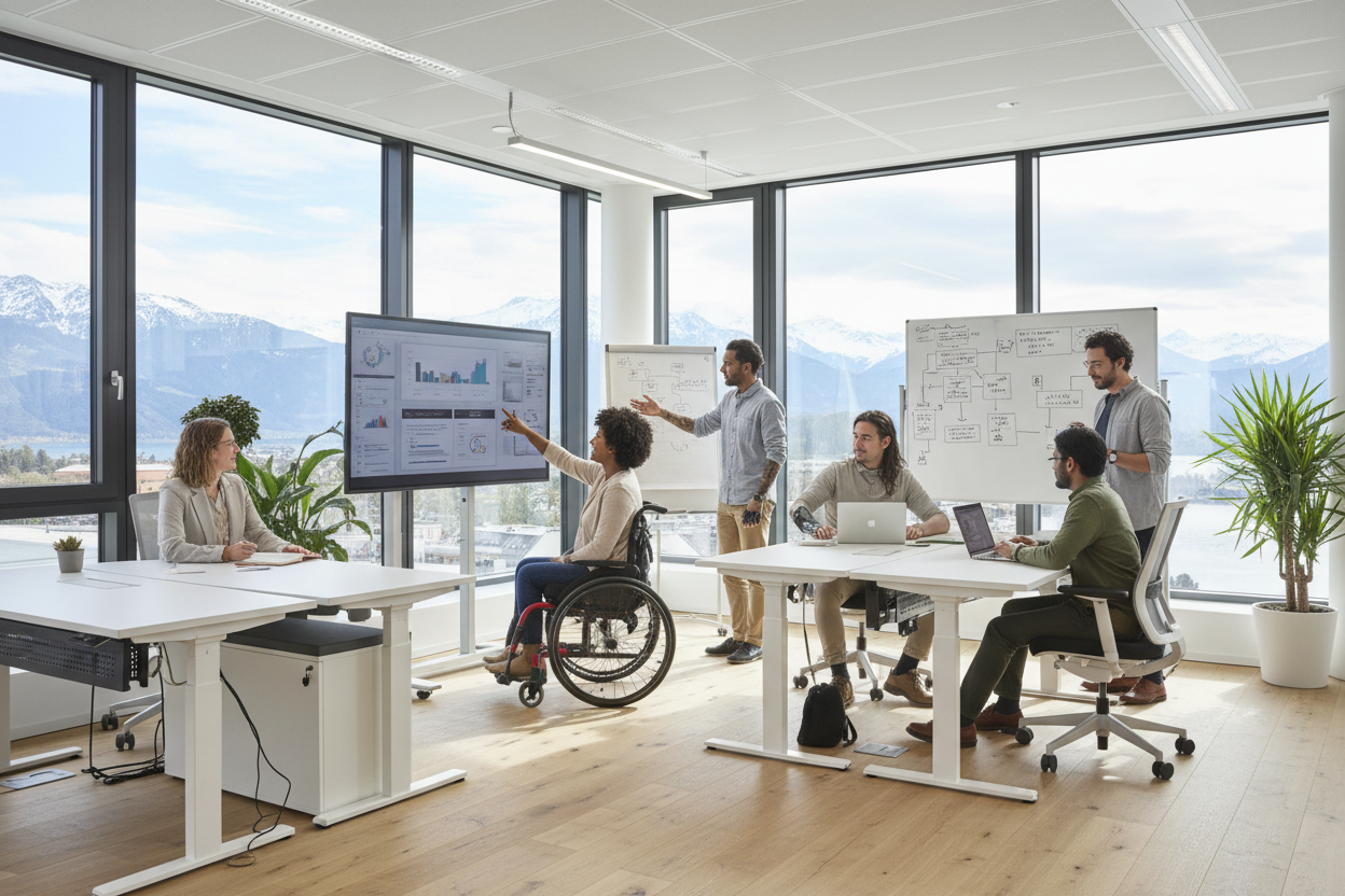 Inklusives Team mit Rollstuhlfahrer arbeitet zusammen in barrierefreiem Schweizer Büro - Regiomech Partnerschaft MC Office Shop