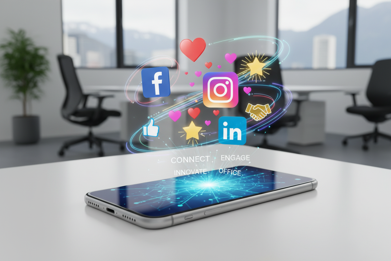 Facebook Instagram und LinkedIn Apps - Folge MC Office Shop auf Social Media für News Aktionen und Behind-the-Scenes Schweiz