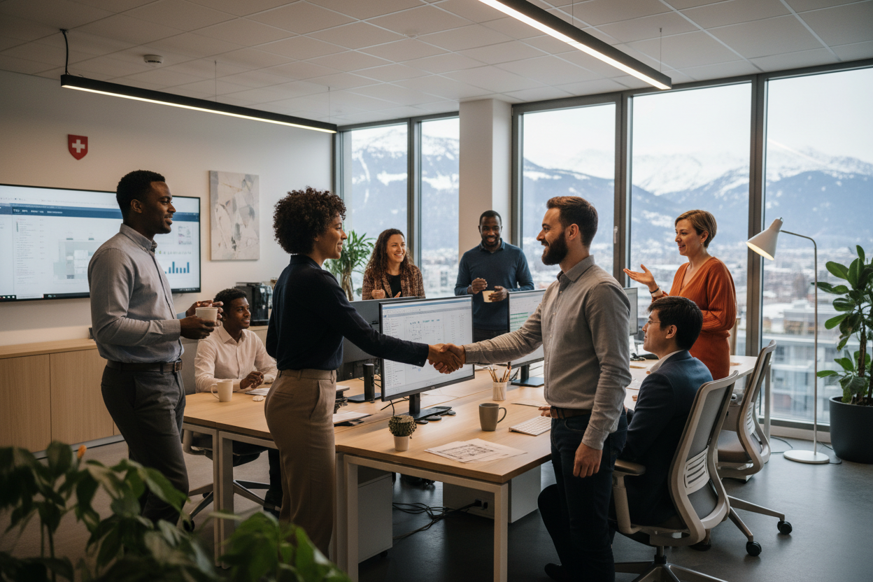 Diverse Gruppe mit Handshake symbolisiert soziale Partnerschaften und Integration in Schweizer Arbeitsmarkt - MC Office Shop