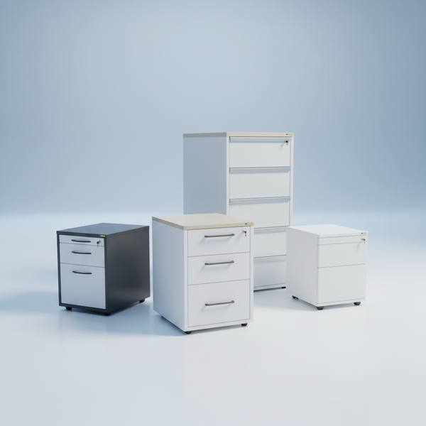 Bürokorpusse und Container mit Schubladen, Fächern und kompaktem Stauraum für moderne Arbeitsplätze