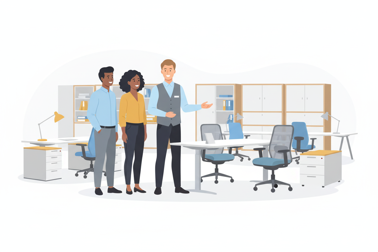 Professionelle Verkaufsberatung im Büromöbel-Showroom – Experten beraten Kunden bei MC Officeshop Schweiz