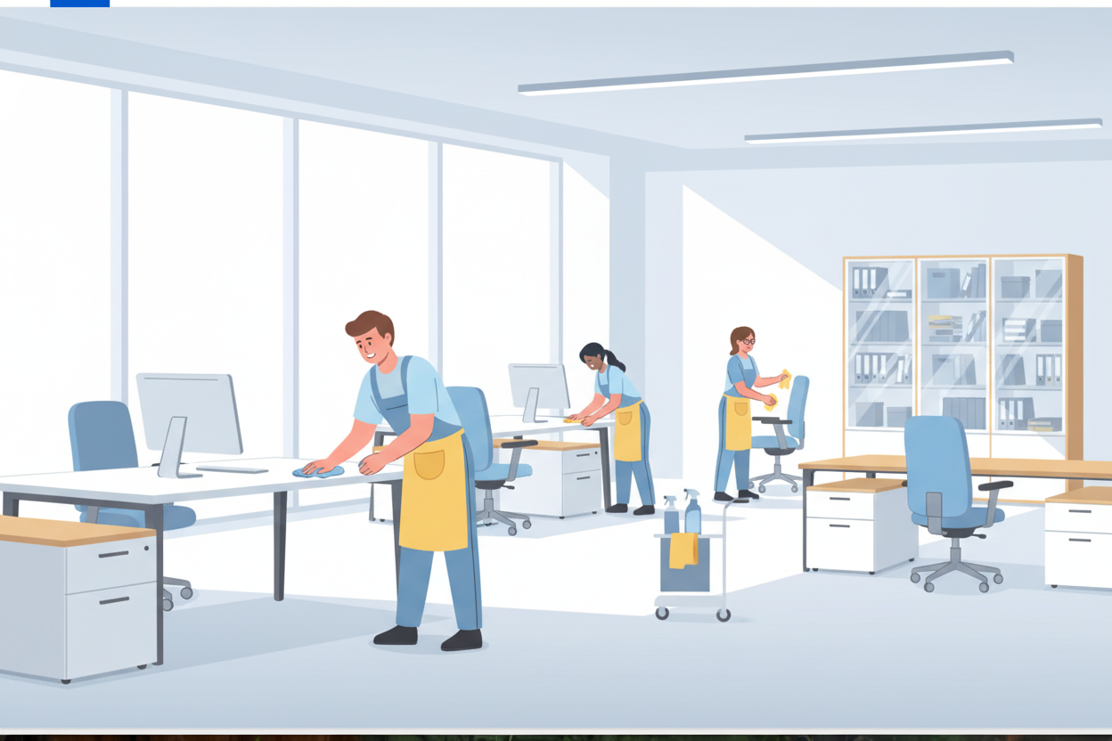 Professionelles Reinigungsteam pflegt und reinigt Büromöbel in modernem Office – Reinigungs-Service für Büroeinrichtungen