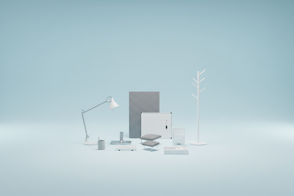 Gebrauchtes Bürozubehör mit Akustikelement, Bürolampe, Arbeitsplatzhelfern und Garderobe für moderne Büros