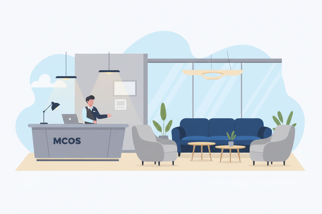 Moderner Empfangsbereich mit MCOS Branding, MacBook und stilvoller Beleuchtung – Professionelle Rezeption bei MC Officeshop Schweiz