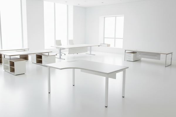 Moderner Home-Office Schreibtisch in Weiss in hellem Arbeitsraum