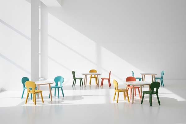 Bunte Kindermöbel mit Tischen und Stühlen in freundlicher Umgebung