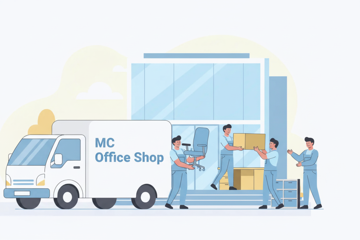 MC Office Shop Lieferteam realistisch laden Männer aus dem LKW und helfen sich gegenseitig.