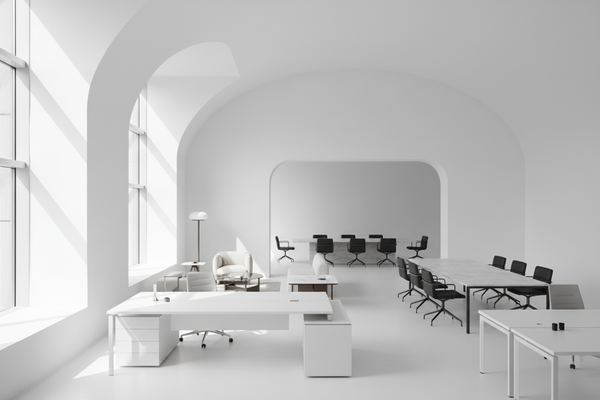 Moderne Bürotische in Weiss in einem hellen, minimalistischen Büro