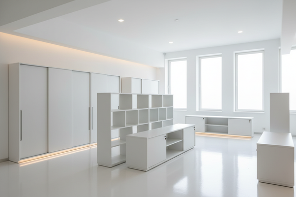 Neue weisse Büroschränke, Regale und Sideboards in hellem modernem Büroraum