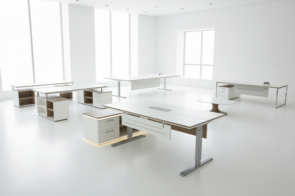 Moderne Schreibtische in Weiss in einem hellen, minimalistischen Büro