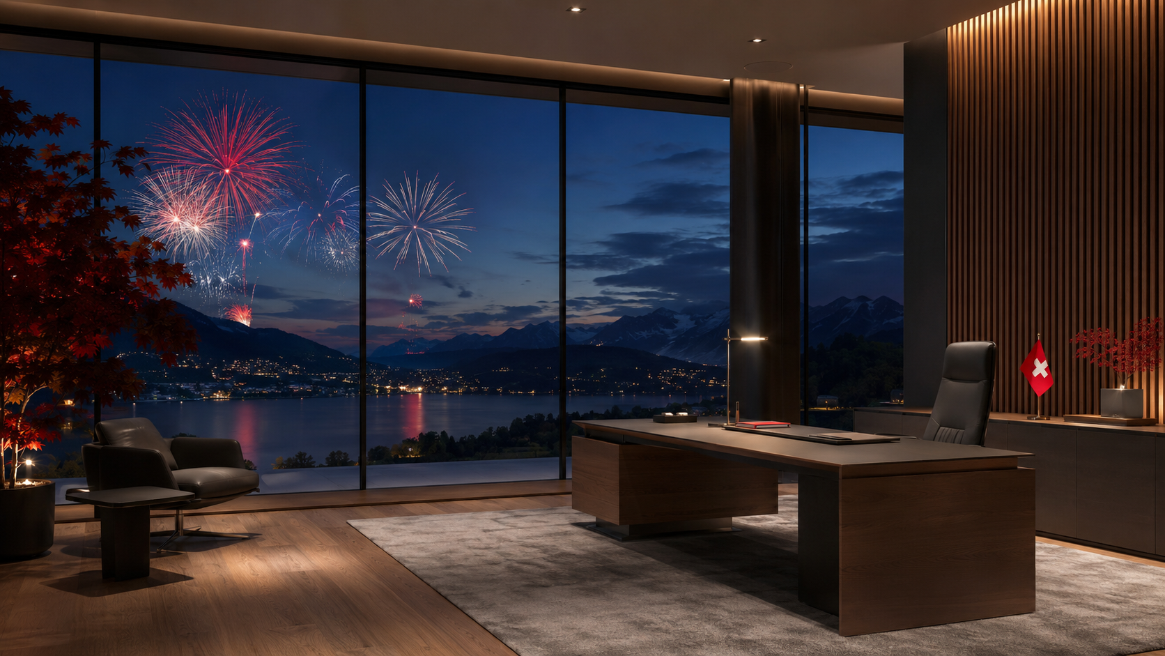 Modernes Büro mit Schweizer Fahne und Feuerwerk zum Nationalfeiertag am 1. August