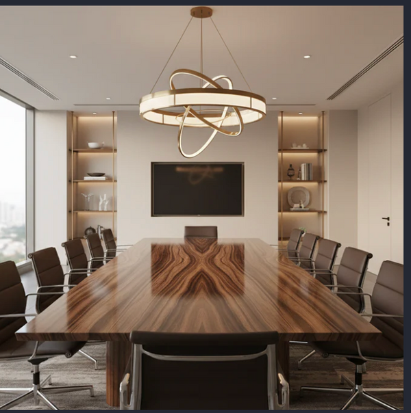 Edler Sitzungstisch aus Holz in modernem Konferenzraum mit stilvoller Beleuchtung