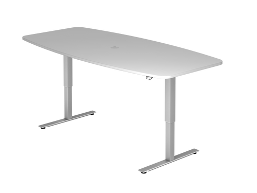 Illustration eines elektrisch höhenverstellbaren Sitz-Steh-Schreibtisches in weiß mit leicht gewölbter Vorder- und Rückkante