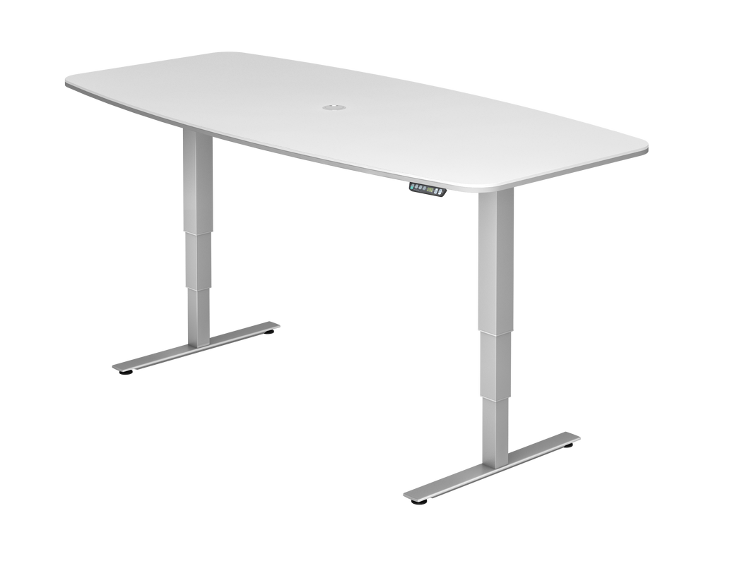 Illustration eines elektrisch höhenverstellbaren Sitz-Steh-Schreibtisches in weiß mit leicht gewölbter Vorder- und Rückkante der Tischplatte
